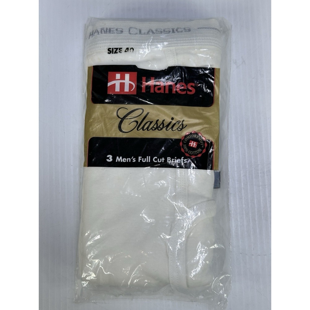 New Vintage 1993 Hanes Classics 3 Pair Full Cut White Briefs Style-7760 Size 40